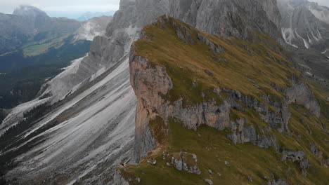 aerial shot from drone of seceda mountain peaks in dolomites, italy