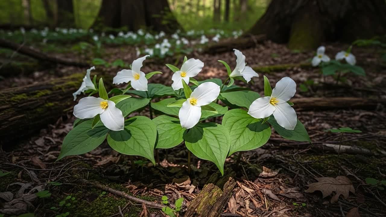 A Beautiful Cluster of Trillium Flowers in a Lush Forest Setting, Showcasing Their Delicate White Petals and Vibrant Green Leaves Amidst Natural Surroundings