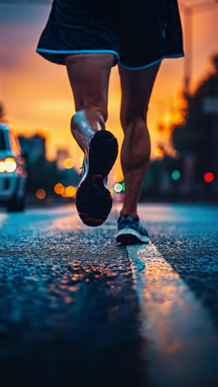 Low-angle shot of a runner's legs on a wet road at sunset, capturing motion and energy