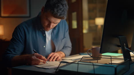 busy man typing computer working at desk night closeup. businessman making notes