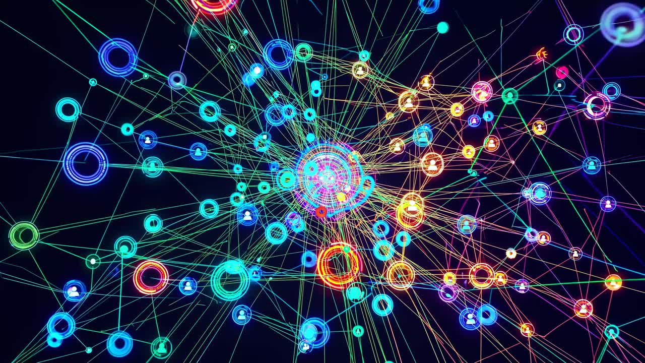Dynamic top-down view of a colorful, interconnected digital network, perfect for a tech-themed video