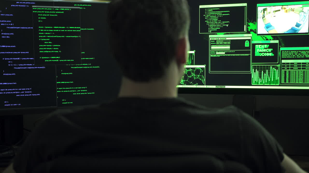 hacker de computadora masculino sentado frente a monitores de computadora escribiendo código