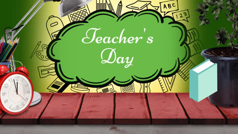 animation of teacher's day over school items icons on green background
