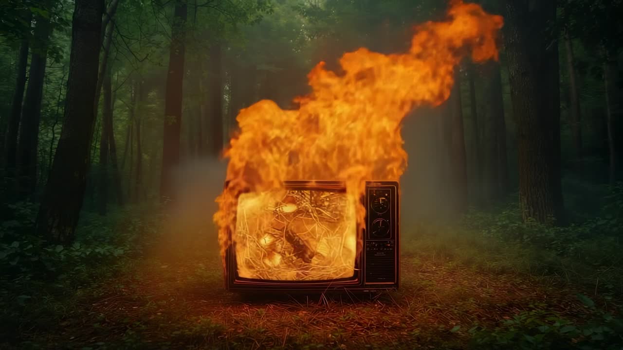 Crackling static igniting flames from CRT TV in forest glade, thick gray smoke plume