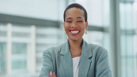 face, lawyer and laughing black woman in office