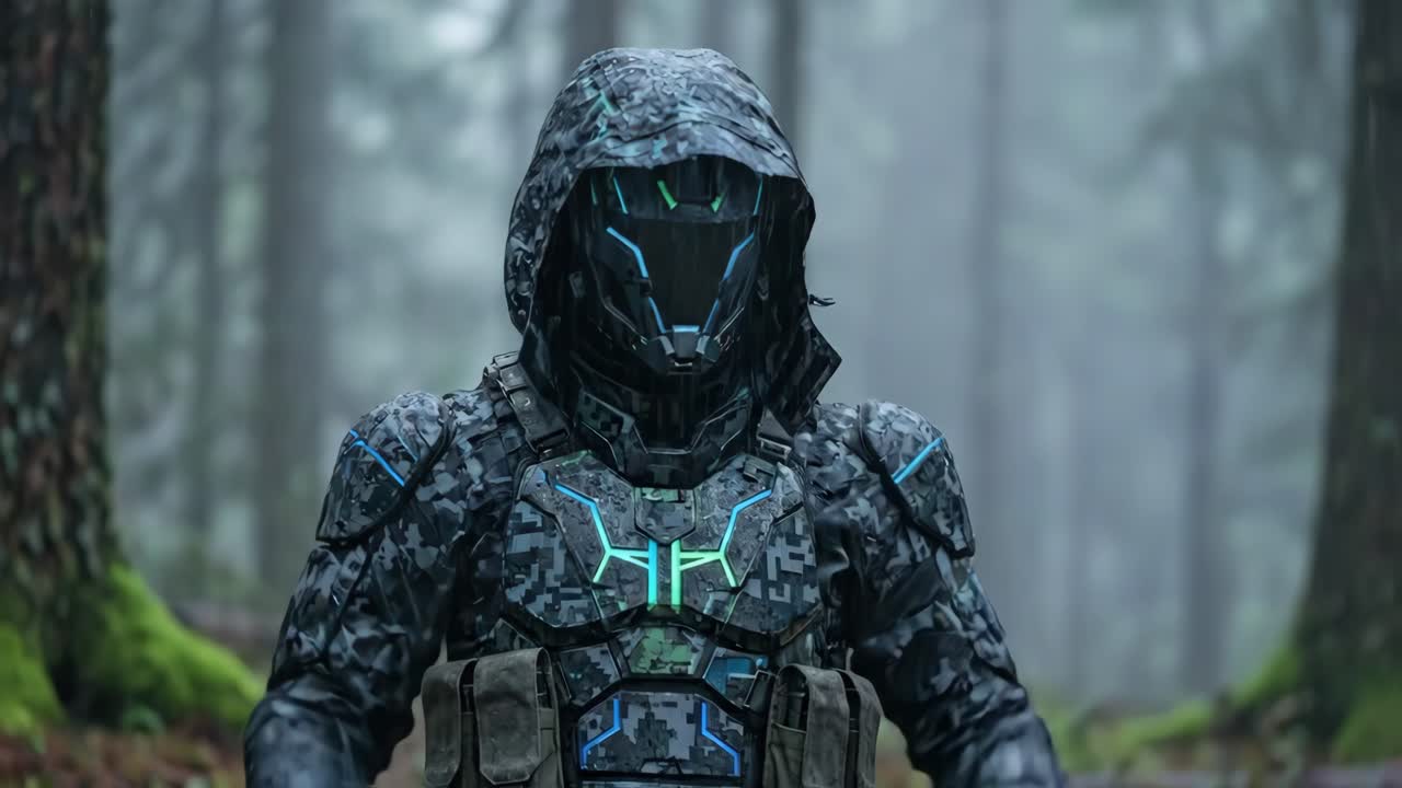 Futuristic Soldier in Digital Camouflage Armor Puts on Hood in Rainy Forest