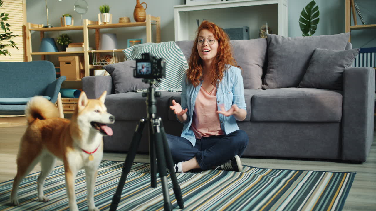 Woman Vlogging with her Shiba Inu Dog at Home
