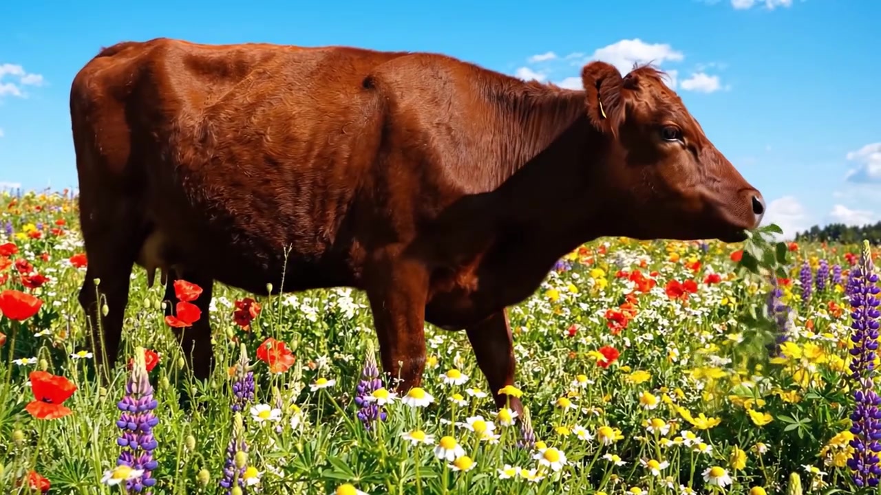 Una serena mucca marrone che pascola in un vivace prato fiorito sotto un cielo azzurro brillante, circondata da fioriture colorate di varie specie.