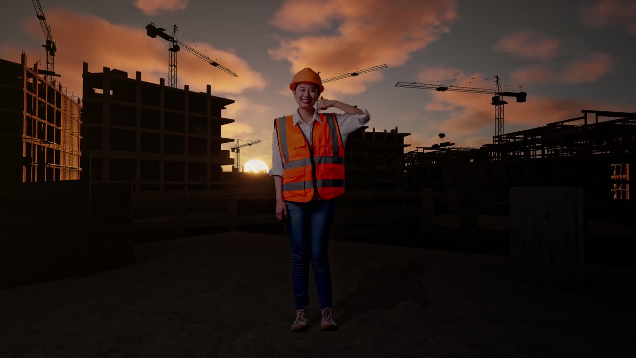 Full Body Of Asian Female Engineer With Safety Helmet Smiling To Camera And Making Call Me Gesture While Standing At Construction Site in Progress to New House