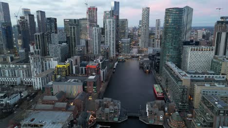 Canary-Wharf-at-dusk-London-UK-drone-aerial-view