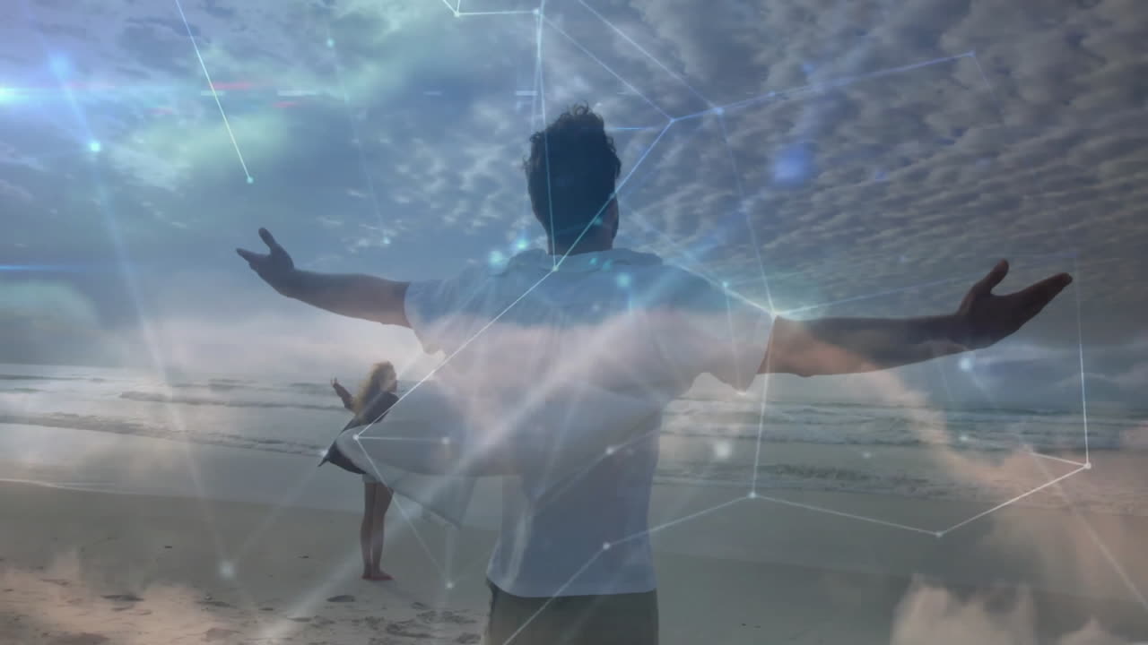 Man with open arms on beach, network connections animation over sky