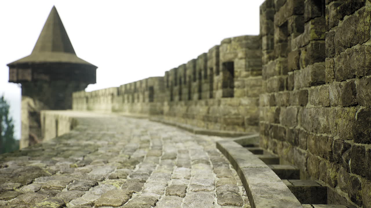 안개 속 의 울창 한 풍경 을 내려다보는 감시탑 을 가진 역사적 인 돌 벽