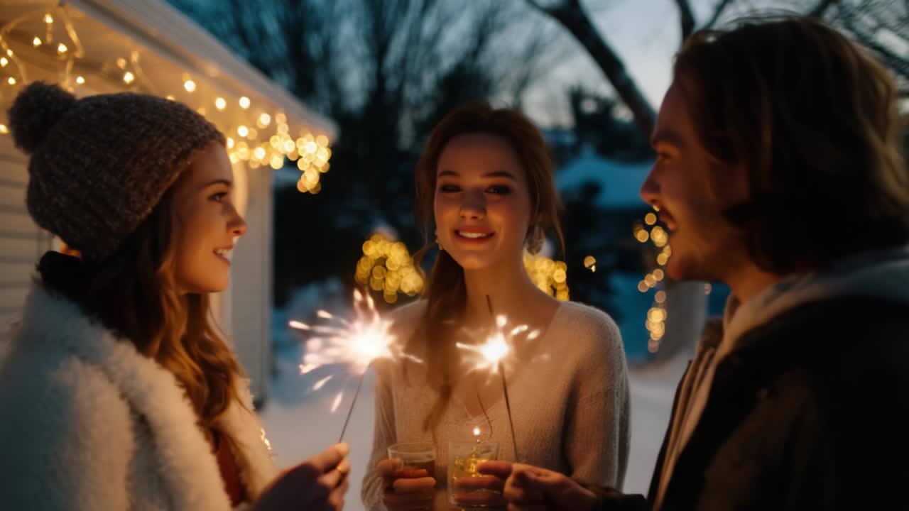 Gemeinsamkeit im Glanz funkelnder Lichter feiern: Ein fröhliches Wintertreffen mit Freunden, die inmitten einer verschneiten Landschaft voller festlicher Freude und Wärme Wunderkerzen anzünden