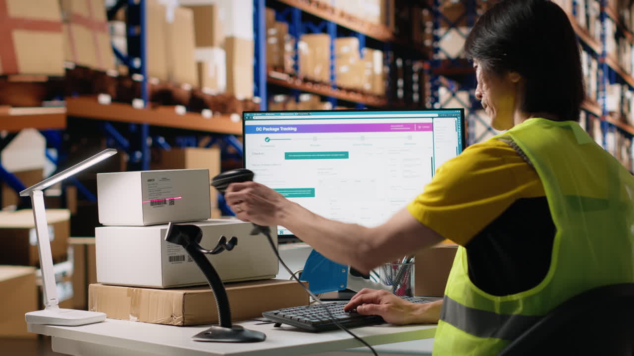 Vertical Video Asian male worker scanning shipment labels and tracking numbers