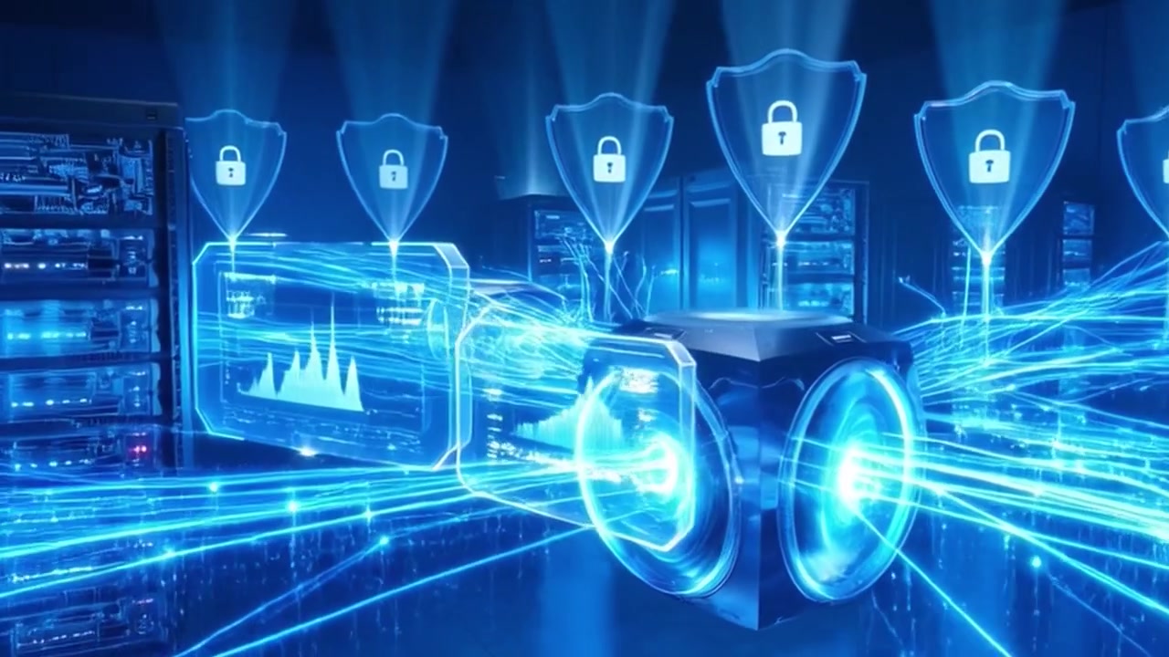 Futuristic Data Core Processing Information in Server Room