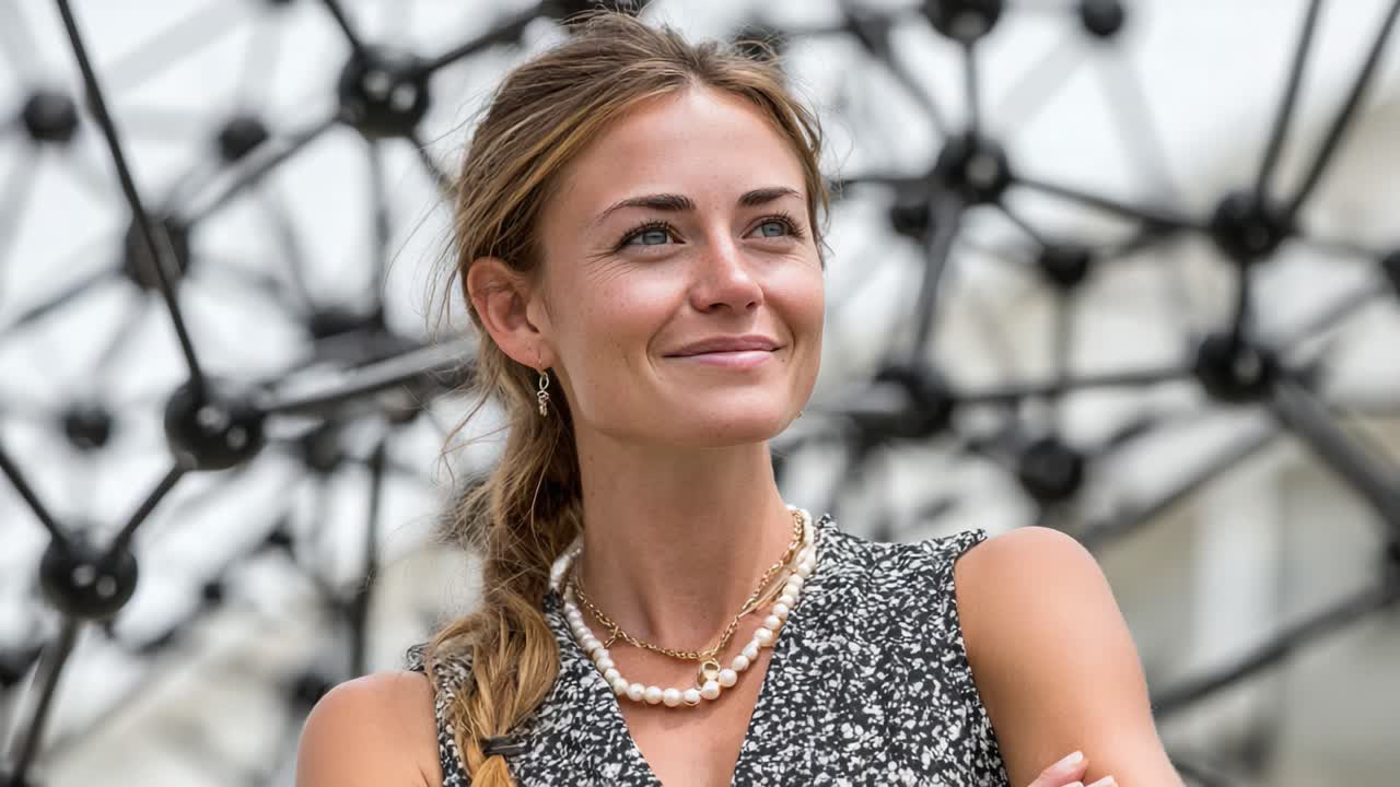 A Confident Woman Smiling Gracefully in Front of an Artistic Background, Showcasing Natural Beauty and Style with Elegant Accessories and a Relaxed Poise