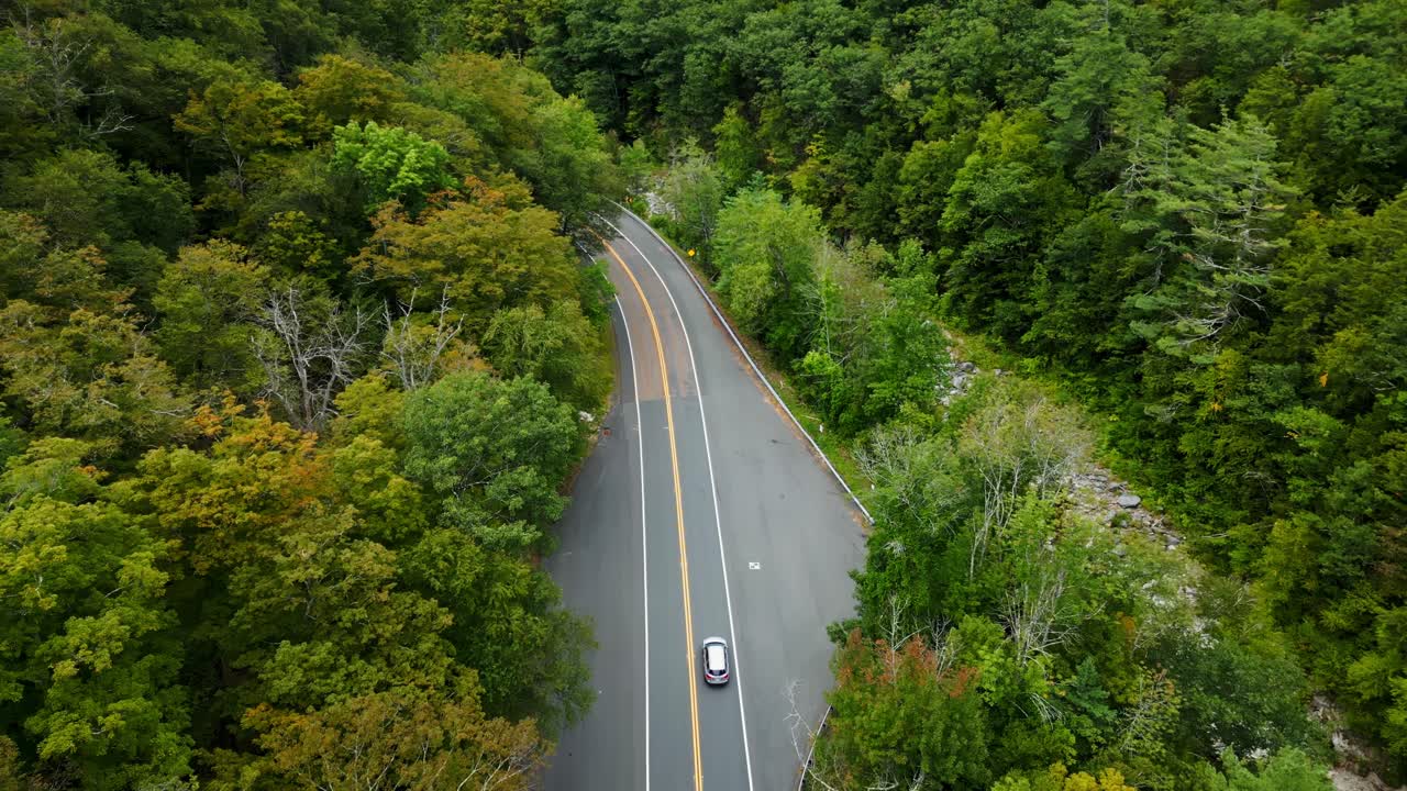 Aerial view of car driving on lush Mohawk Trail, Massachusetts road