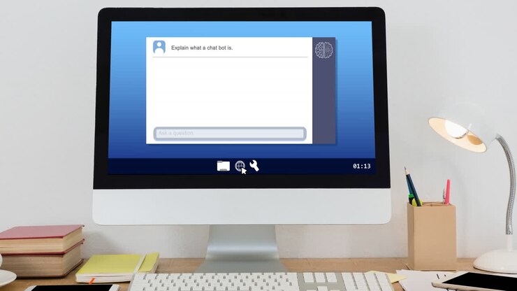 Animazione di chat AI ed elaborazione dati su computer su sfondo bianco