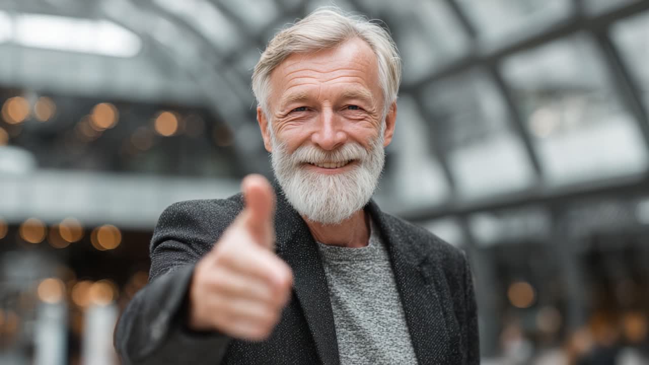 Un Sorriso Invitante: Un Uomo Barbuto Mostra un Gesto Positivo in un Ambiente Luminoso e Moderno, Irradiando Fiducia e Calore