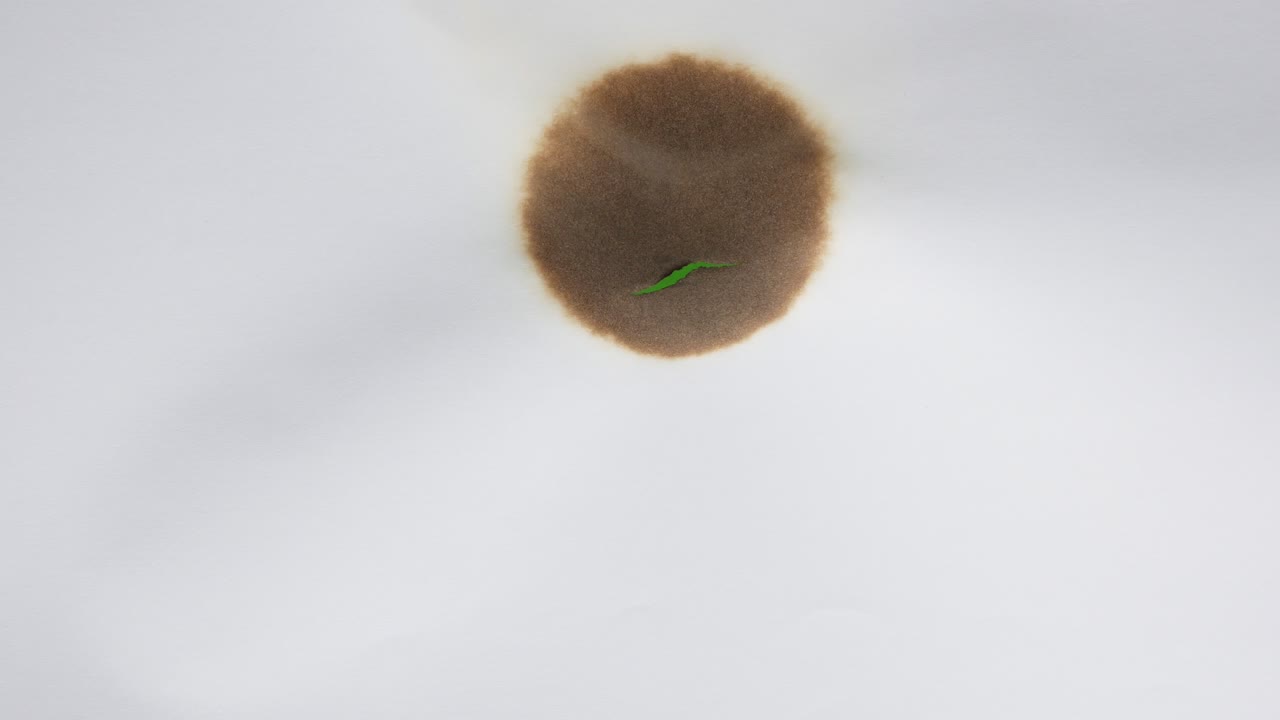 Crumpled  white sheet of paper burns with a hole on a green background. Original video transition. Flame and smoke. Green background.