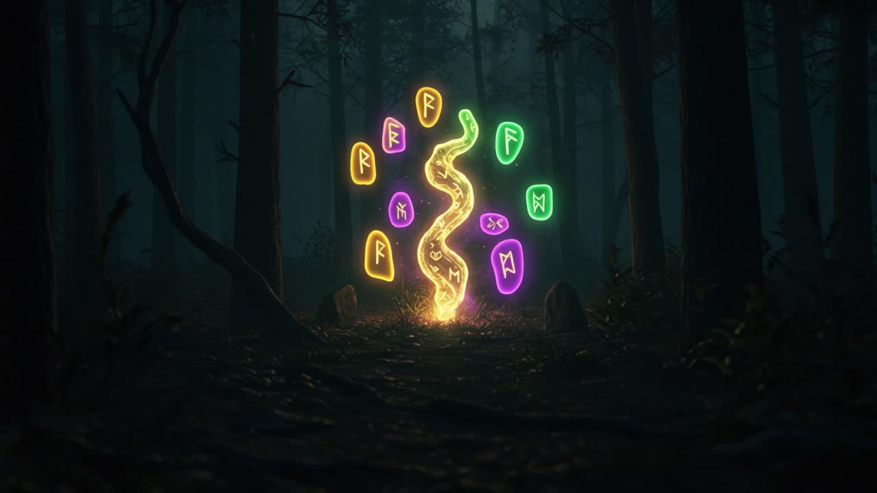 A Mysterious Glow in the Forest: Enigmatic Symbols Emanate from a Magical Spiral, Illuminating the Dusk Environment with Vibrant Colors and Mystical Energy