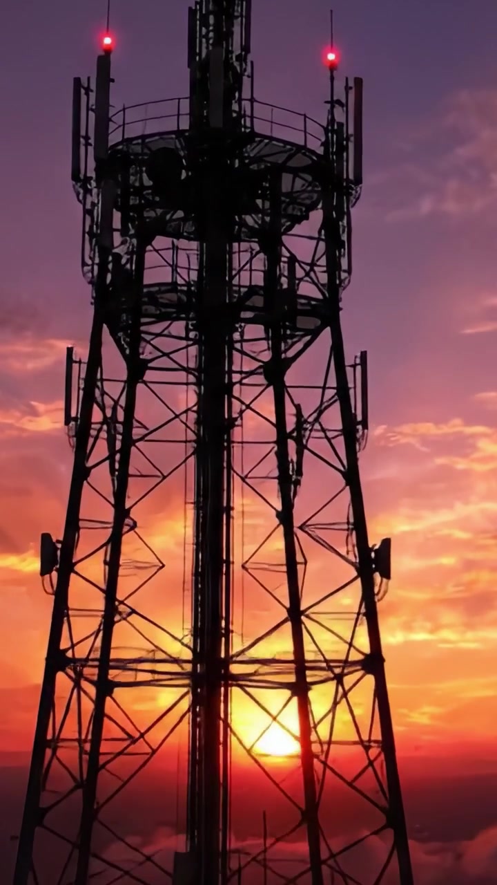 Una bellissima silhouette al tramonto di una torre di comunicazione contro un cielo vibrante, che evidenzia il passaggio dal giorno alla notte