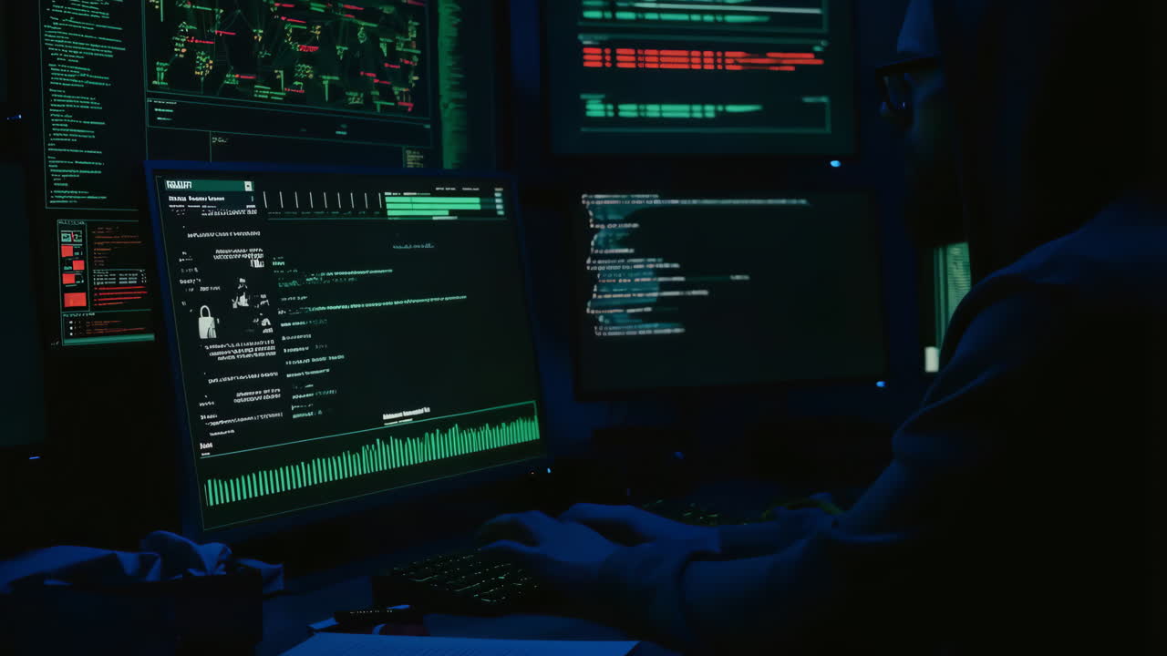 Hacker Working on Multiple Computer Screens in a Dark Room