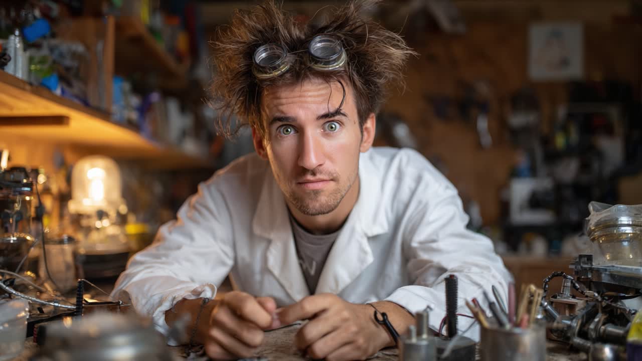 En nysgjerrig forsker med rufsete hår og vernebriller engasjert i eksperimentering ved en arbeidsbenk omgitt av verktøy og utstyr i et kreativt laboratoriemiljø