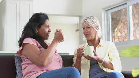 happy diverse senior women drinking coffee discussing on sofa in sunny living room, slow motion