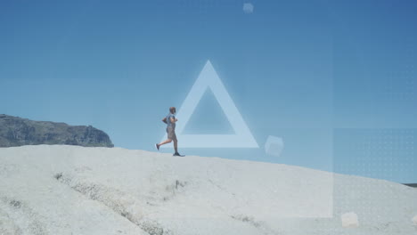 animation of glowing circles and triangles over fit african american senior man running on dunes