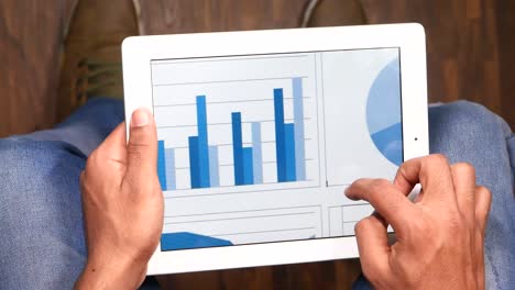 person using a tablet with graphs and charts