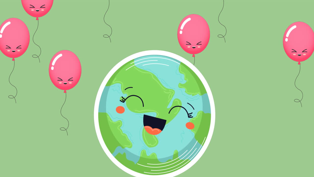 초록색 배경에 풍선과 행복한 지구의 애니메이션