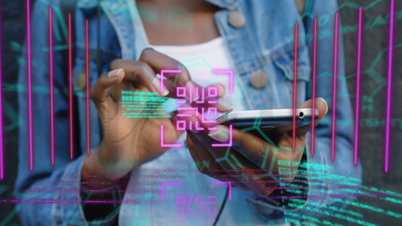 Neon qr code scanner and data processing against mid section of woman using smartphone