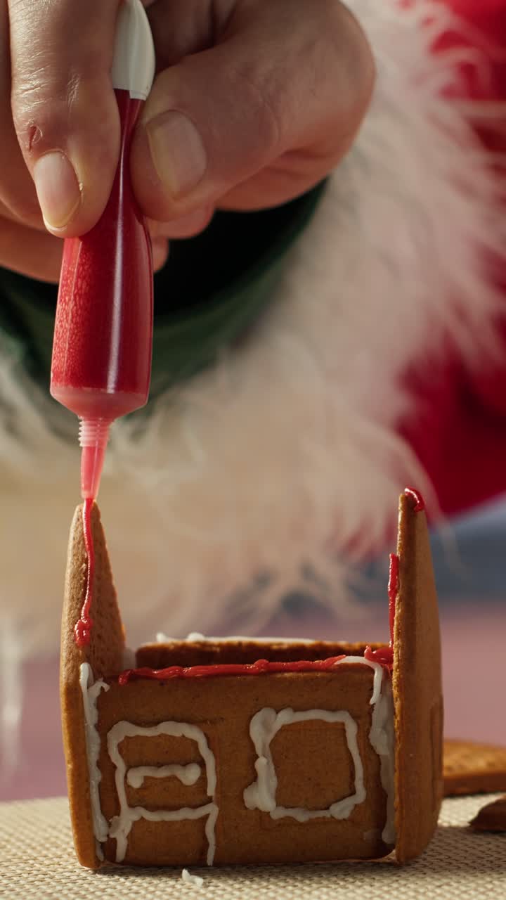 Hand Decorating Gingerbread House with Red Icing for Christmas