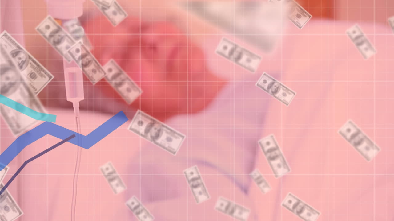 미국 달러 지폐 위에 파란색 선으로 금융 데이터 처리의 애니메이션