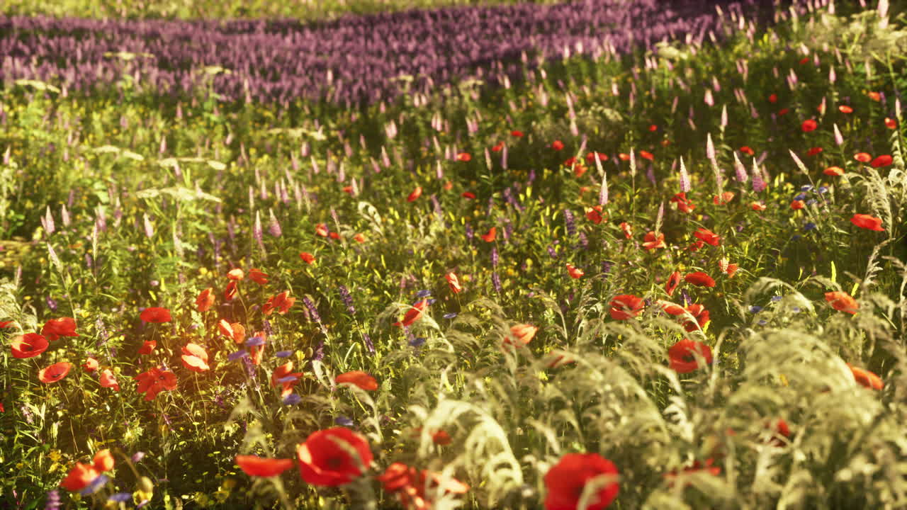Prato estivo fiorito multicolore con papaveri rossi e rosa