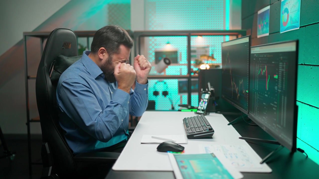 Frustrated Trader Reacts to Stock Market Loss on Computer