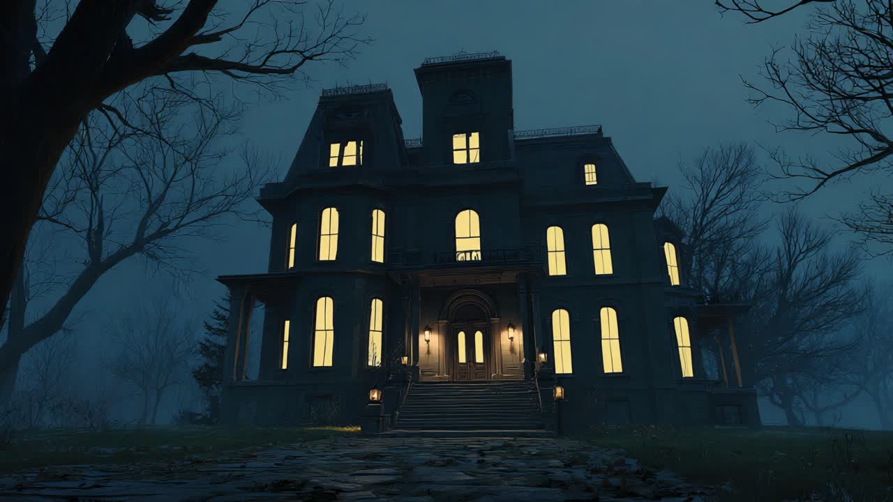 Eerie Atmosphere Surrounds an Abandoned Victorian Mansion Highlighted by Flickering Lights and Bare Trees Under a Haunting Twilight Sky