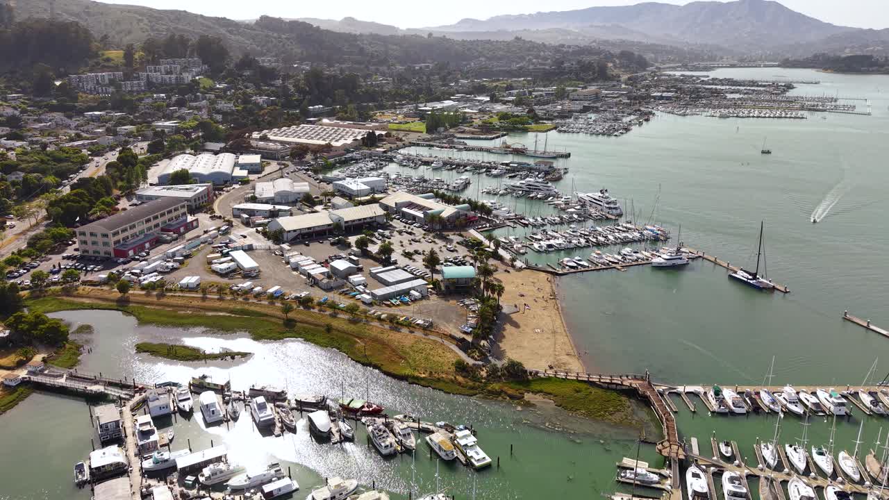 Sausalito, California USA. Drone Shot of City Boardwalk, Park and Harbor Marina
