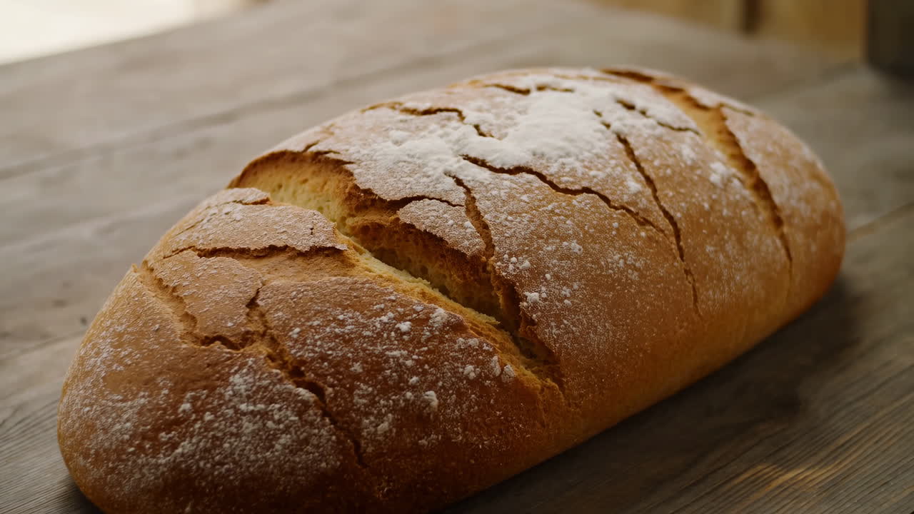 Pagnotta di pane a lievitazione naturale rustica su un tavolo di legno, crosta infarinata con incisioni profonde, mollica elastica e interno dorato.