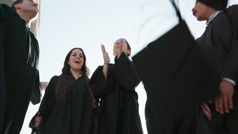 graduation cap, friends and students throw in air