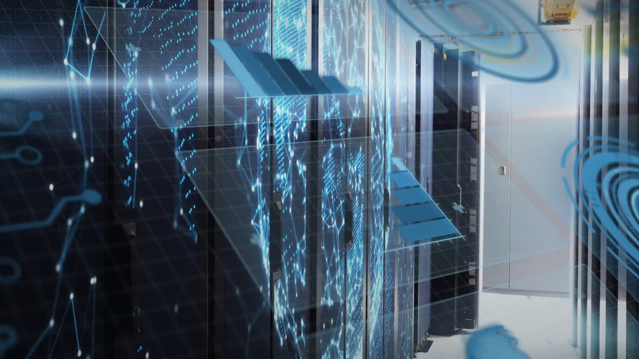 Black server racks displaying blue holographic network connections in data center, with grid lines
