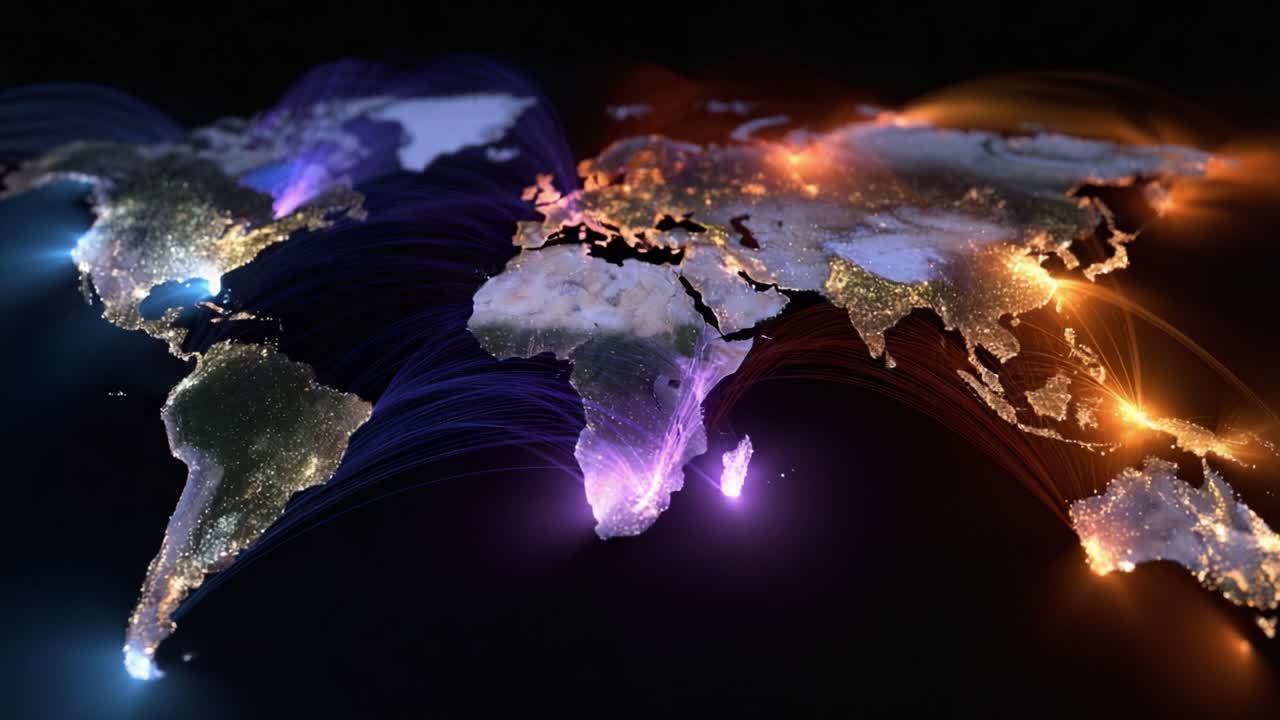 World map shows glowing data streams connecting continents. Blue, purple, and orange lights pulse across the globe. No people present in this abstract digital scene. Ideal for tech, global business