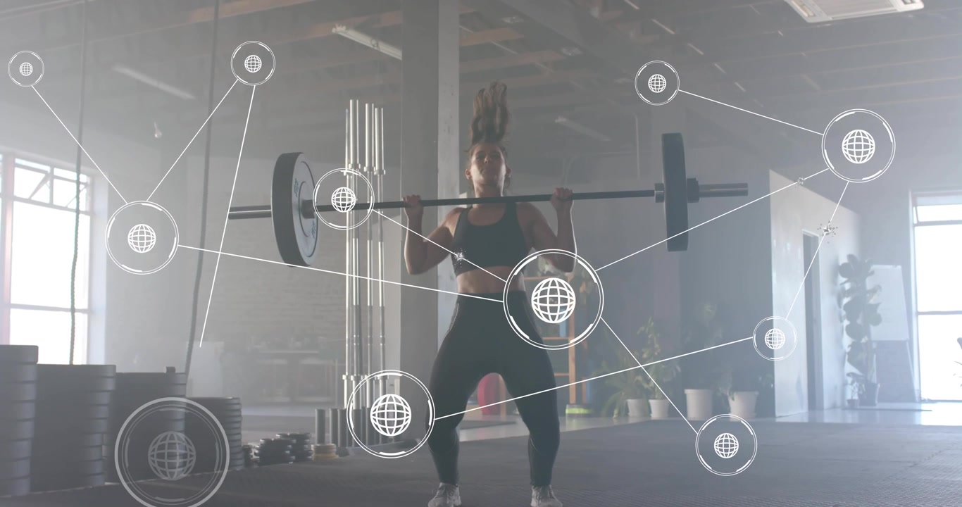 Fitness athlete gripping barbell doing deadlift to clean press with data graphs for analysis