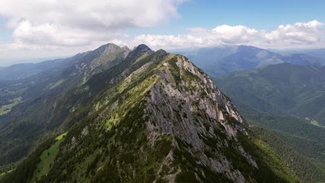 the sunlit piatra craiului mountains with lush greenery and rolling peaks, aerial view