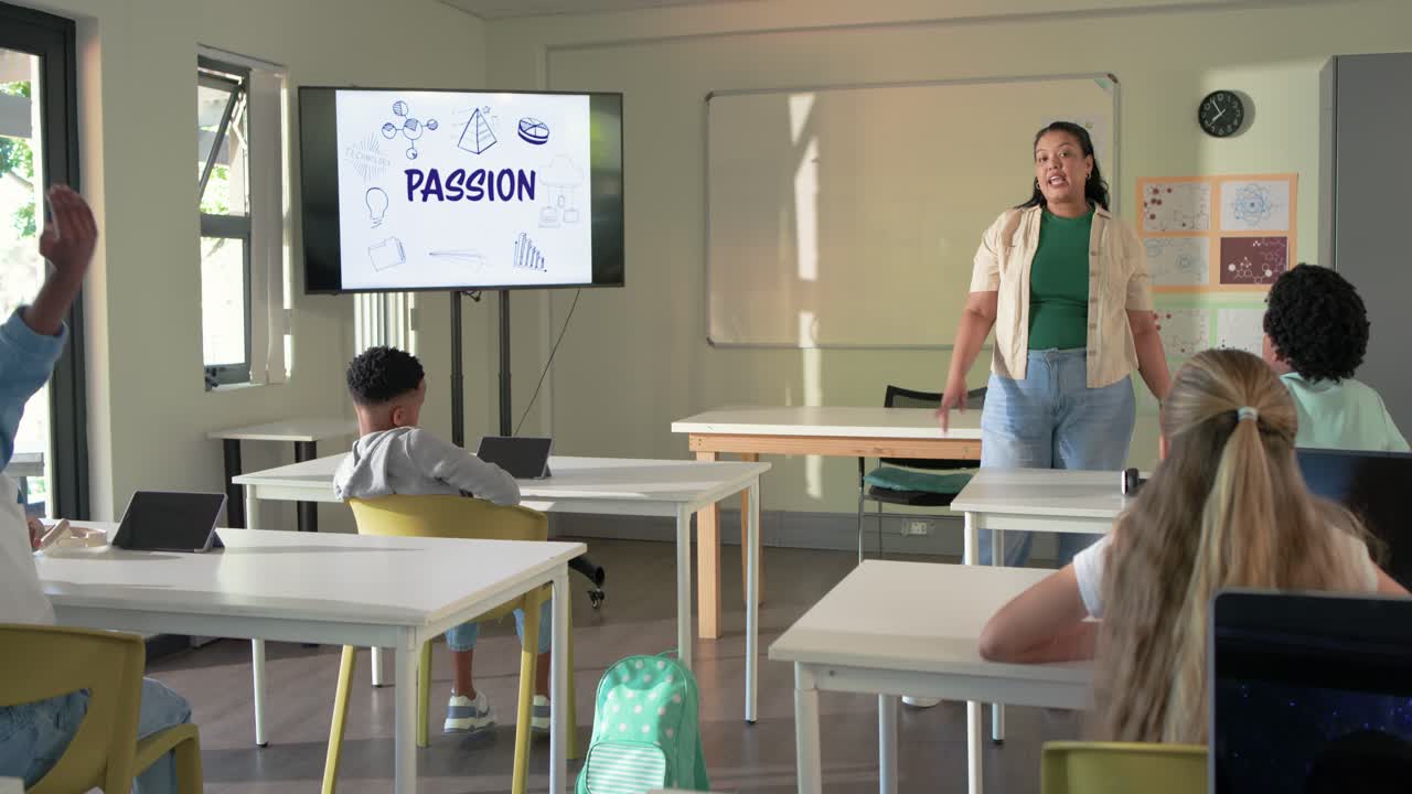 Insegnante afroamericana che conduce la classe mentre lo schermo mostra PASSION, con la classe che alza le mani.
