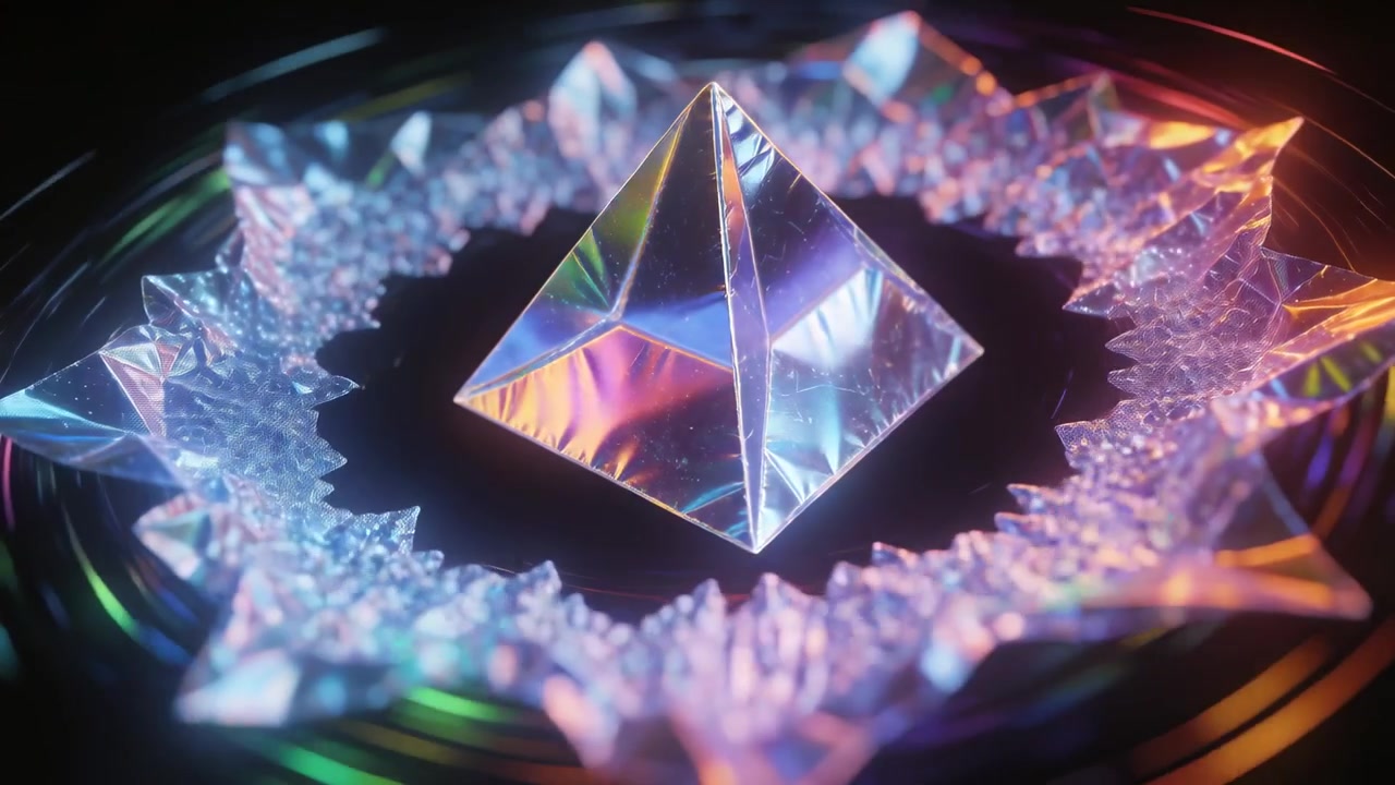 Luce cangiante che avvolge un prisma, anello granulare che forma punte su un piatto nero, lucentezza magenta iridescente