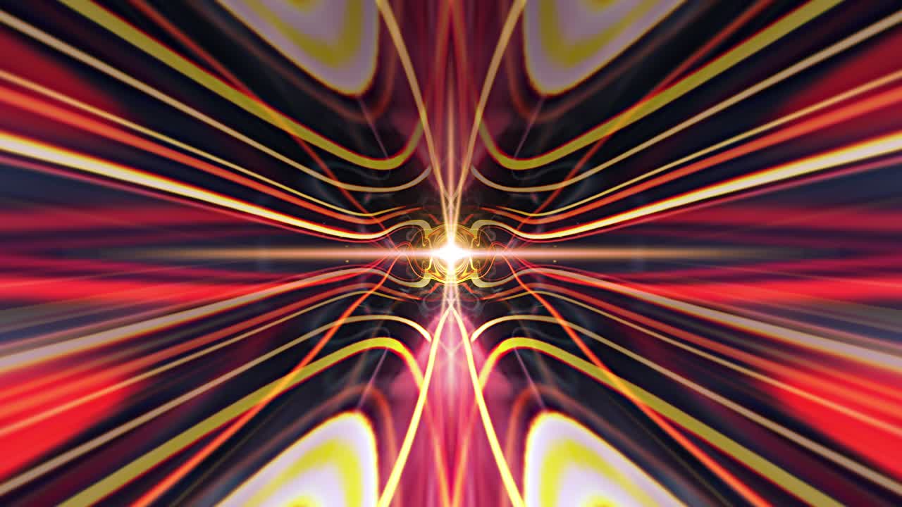 Bright abstract explosion energy  wavy motion background. 4K Glowing light of the kaleidoscope effect. Bright laser light. Modern yellow and red color spectrum. Seamless loop 3d animation for vj loop.