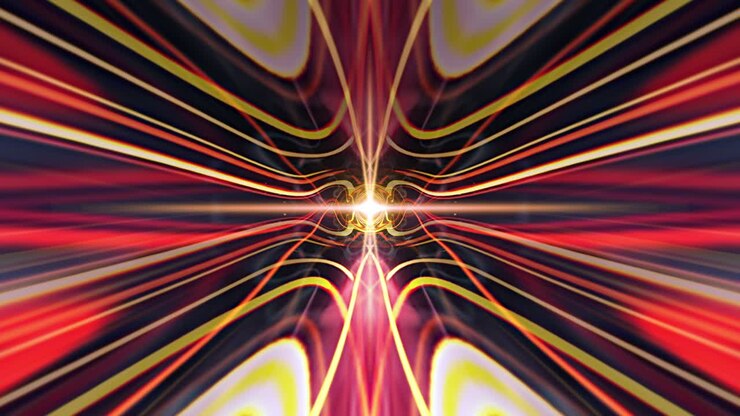 Bright abstract explosion energy wavy motion background. 4K Glowing light of the kaleidoscope effect. Bright laser light. Modern yellow and red color spectrum. Seamless loop 3d animation for vj loop.