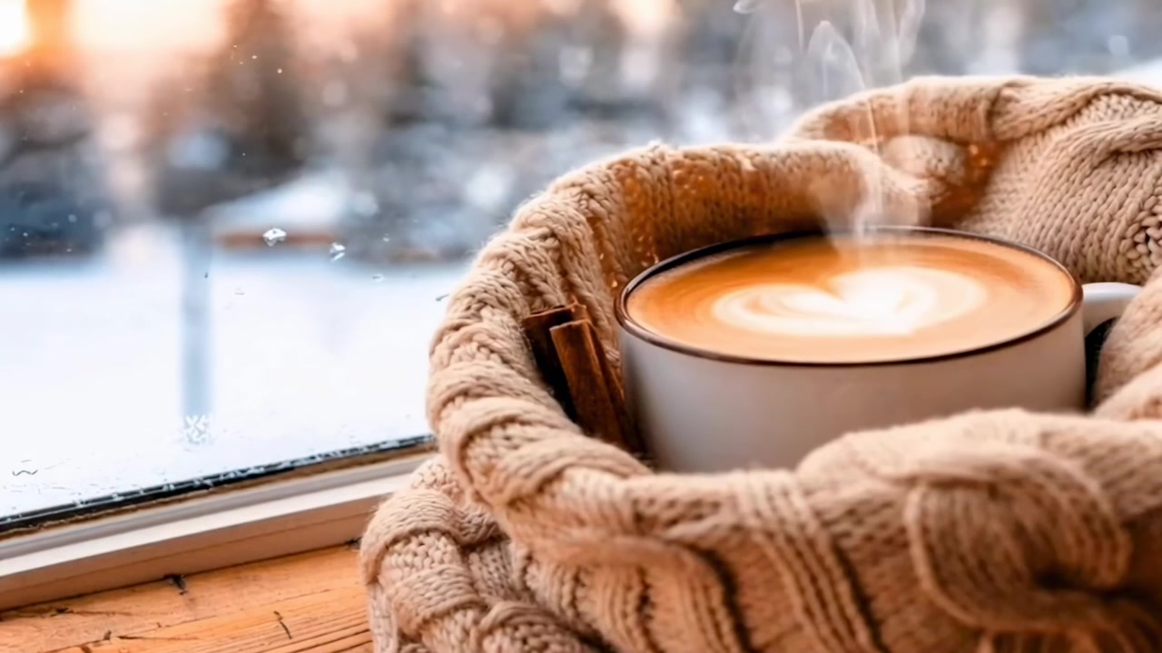 Dampende kop kaffe i en hyggelig striktrøje ved et vindue